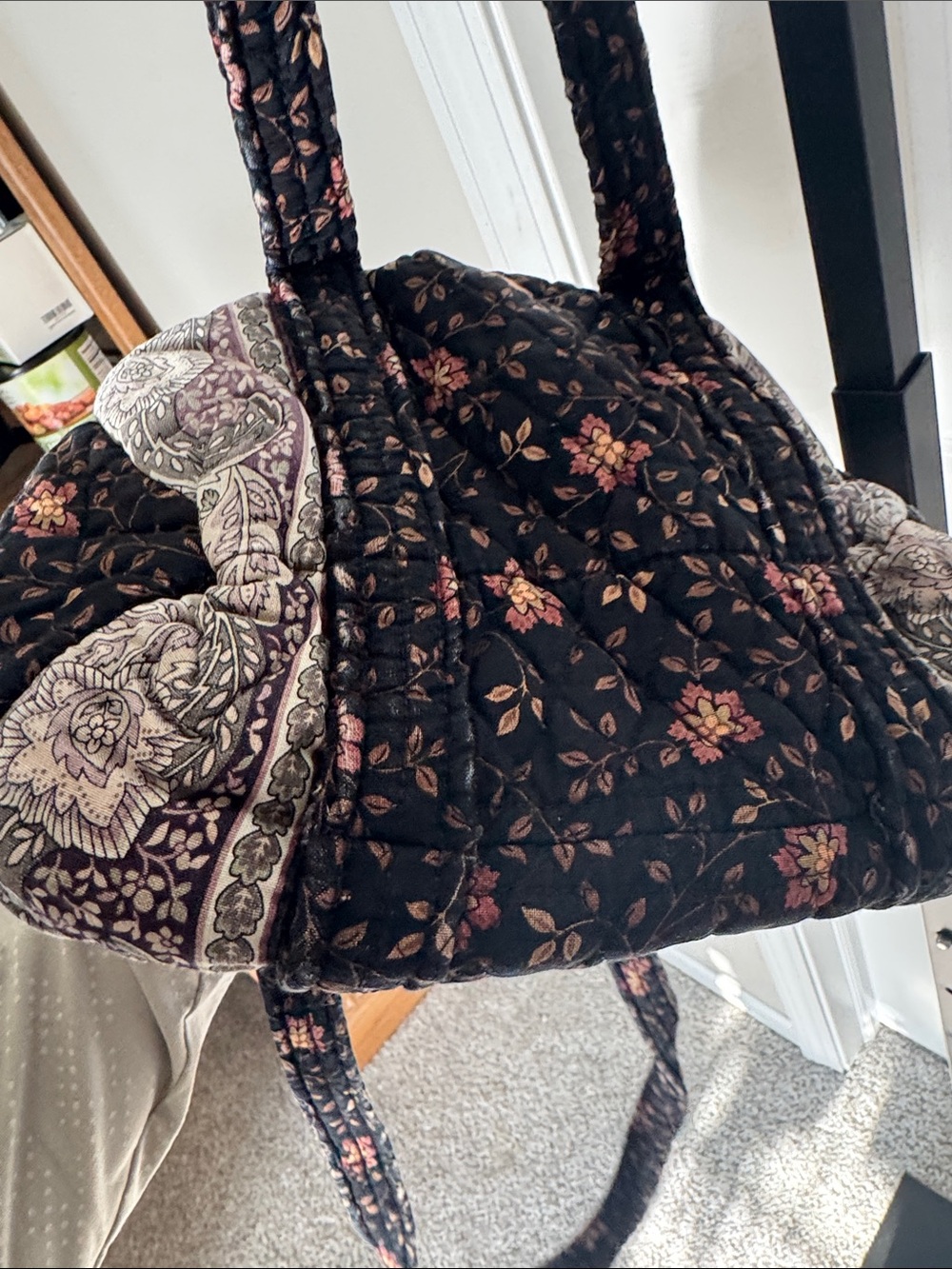 Quilted Black Floral Tote Bag - Quilted Shoulder Bag - Picture 4 of 6